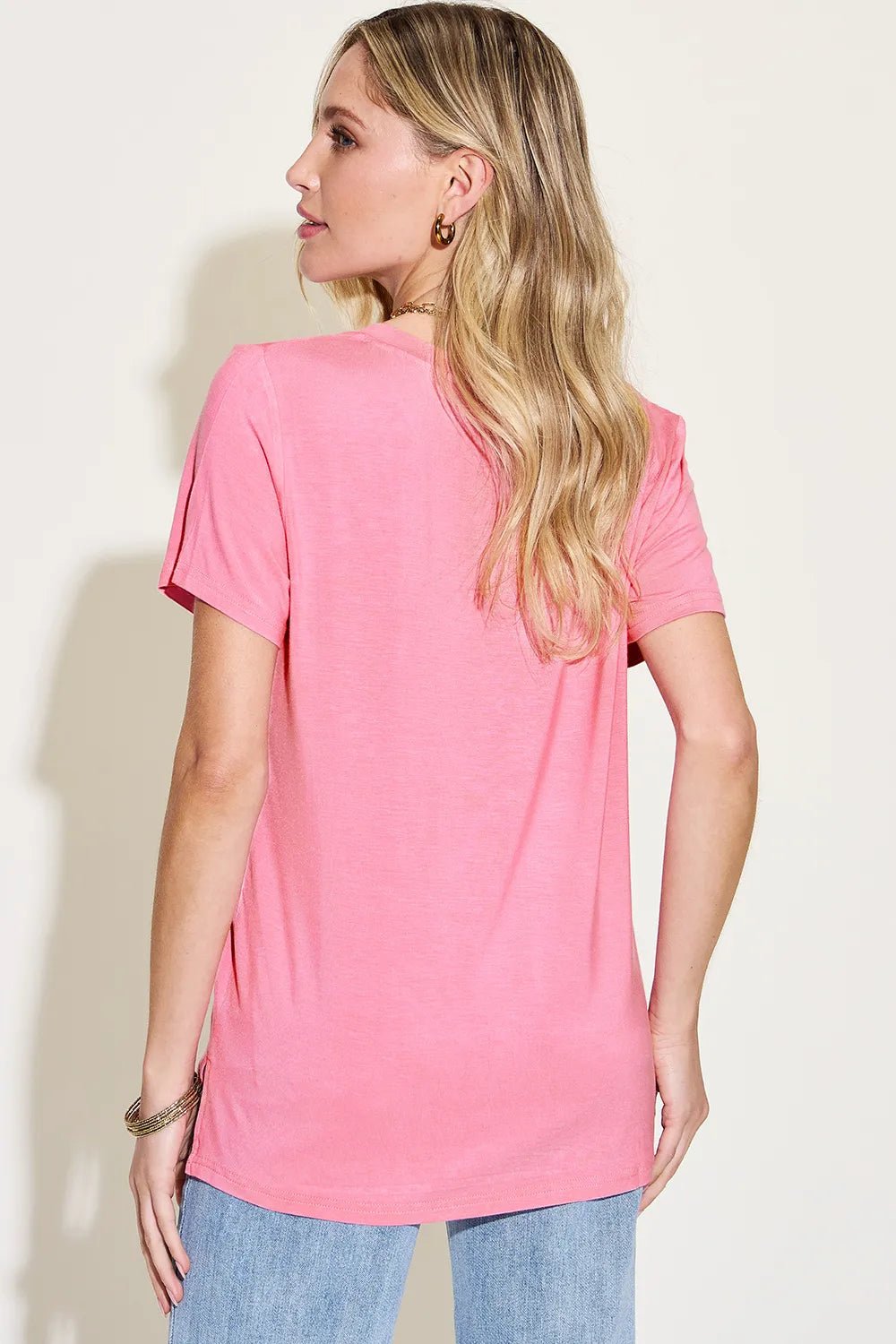 Basic Bae Full Size V - Neck High - Low T-Shirt designed for comfort and style at Lookzlike