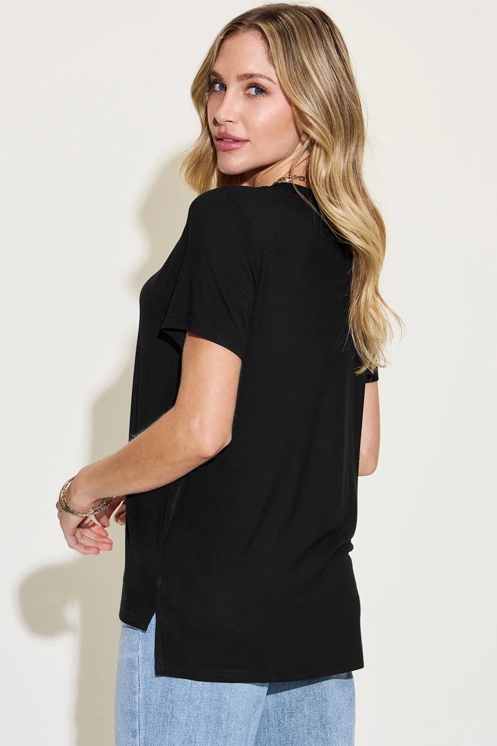 Basic Bae Full Size V - Neck High - Low T-Shirt designed for comfort and style at Lookzlike