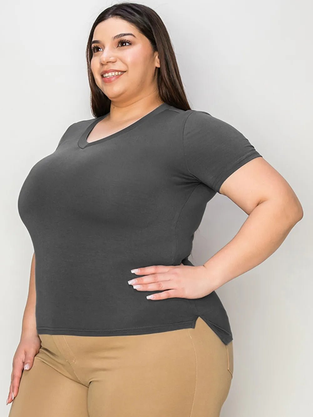 Basic Bae Full Size V - Neck High - Low T-Shirt designed for comfort and style at Lookzlike