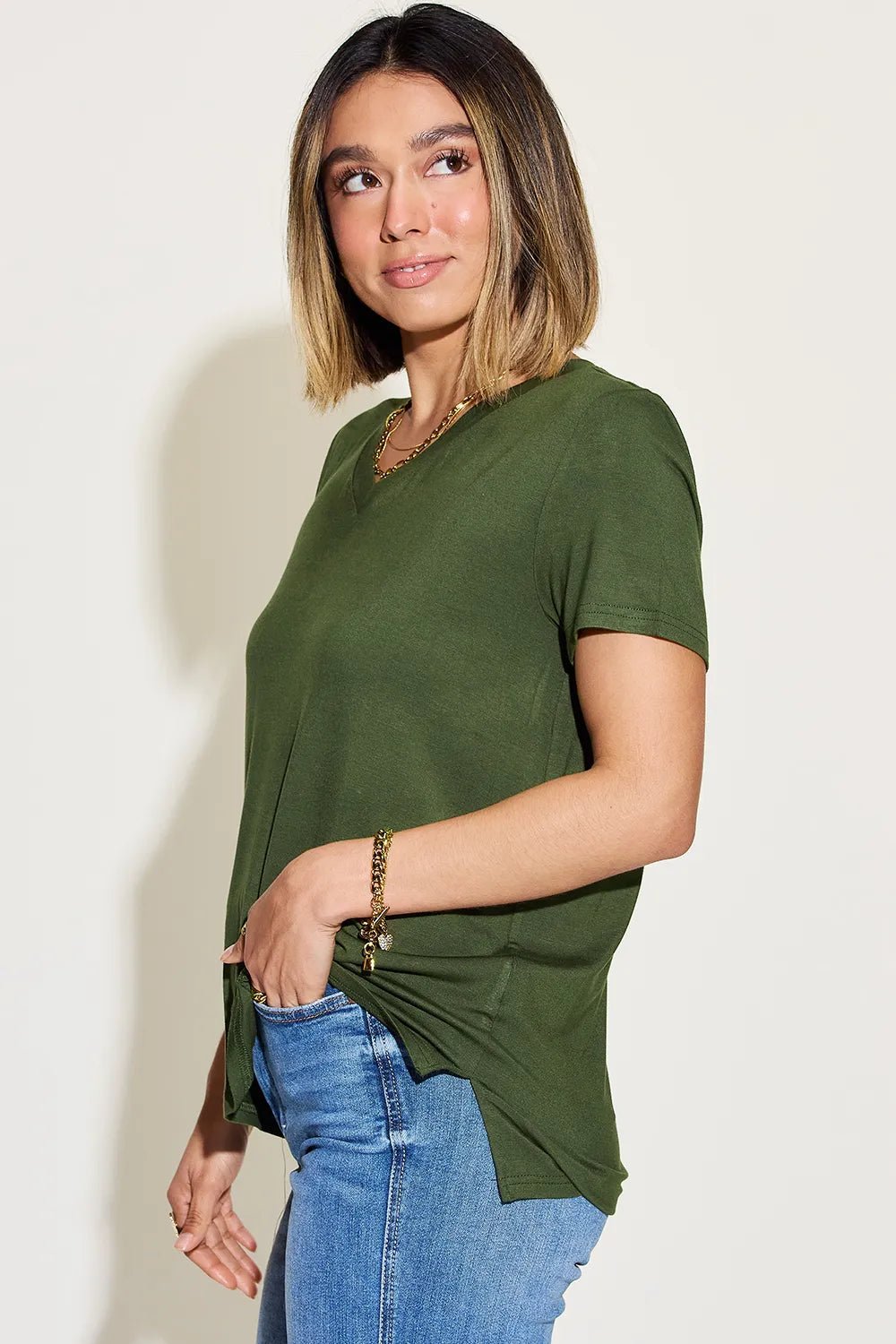 Basic Bae Full Size V - Neck High - Low T-Shirt designed for comfort and style at Lookzlike