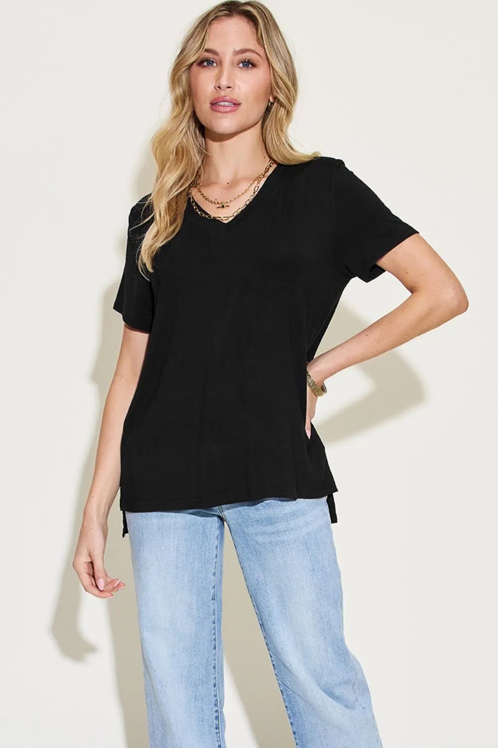 Basic Bae Full Size V - Neck High - Low T-Shirt designed for comfort and style at Lookzlike