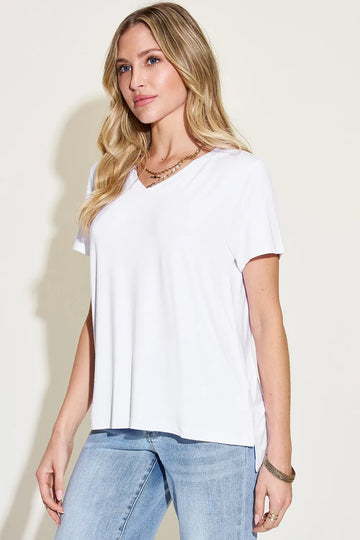 Basic Bae Full Size V - Neck High - Low T-Shirt designed for comfort and style at Lookzlike