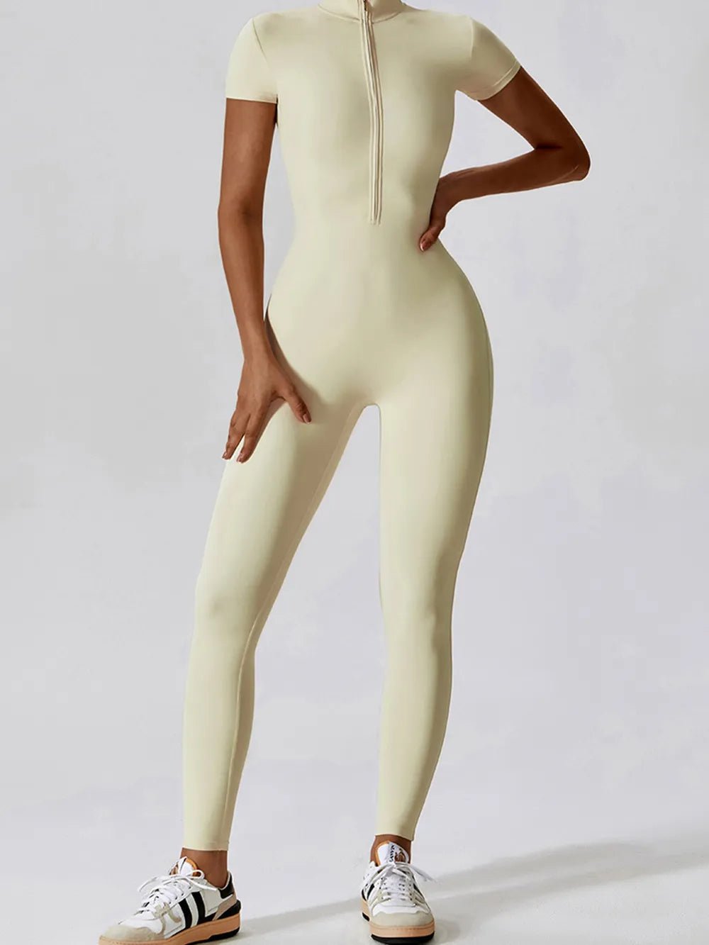 Basic Bae Half Zip Short Sleeve Active Jumpsuit - Lookzlike
