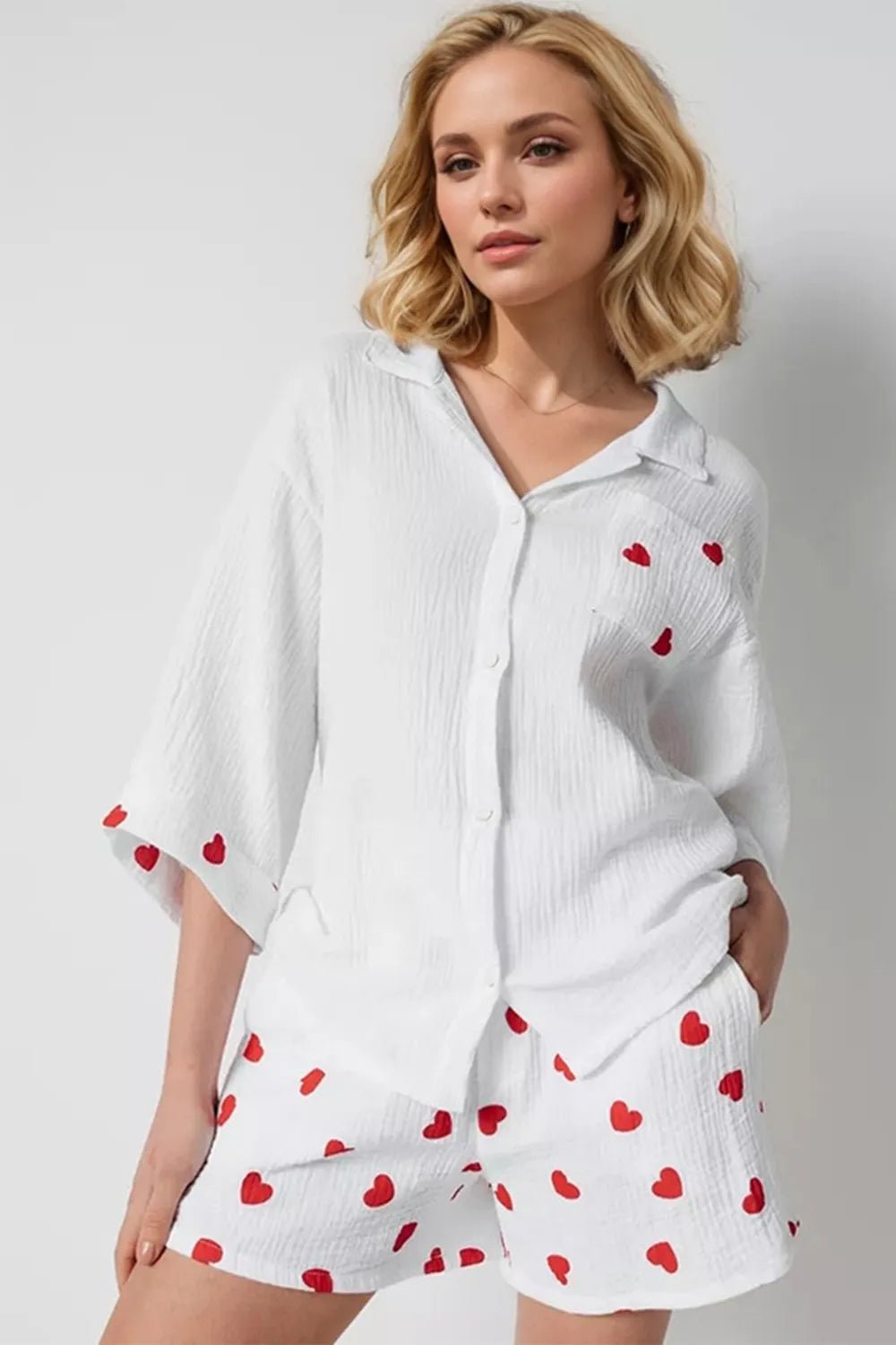 Basic Bae Heart Collared Neck Button Down Top and Shorts Set - Lookzlike