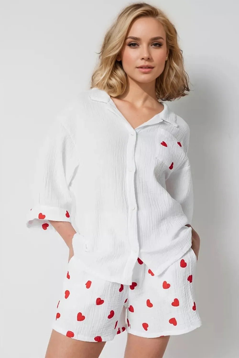 Basic Bae Heart Collared Neck Button Down Top and Shorts Set - Lookzlike