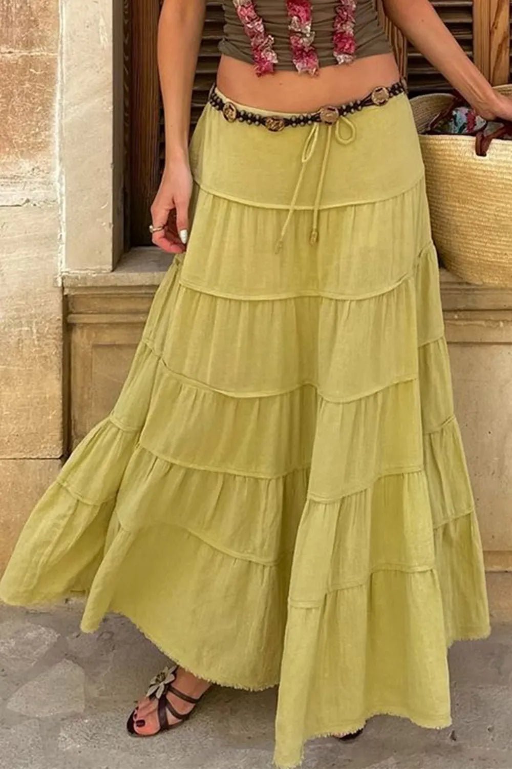 Bohemian Tiered Maxi Skirt with Drawstring Waist - Lookzlike