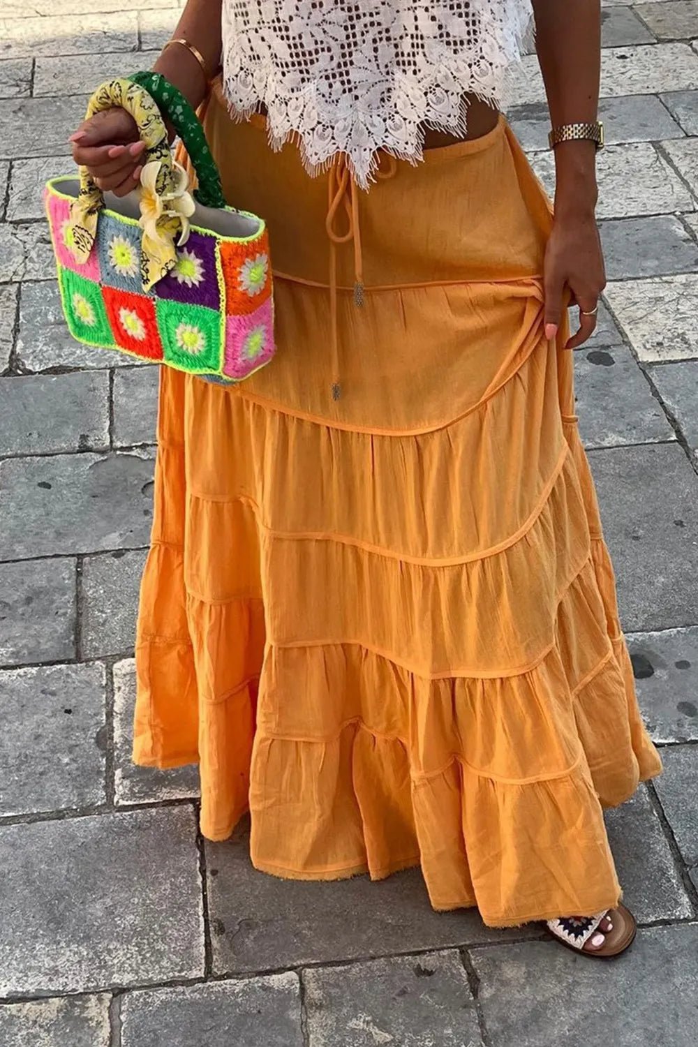 Bohemian Tiered Maxi Skirt with Drawstring Waist - Lookzlike