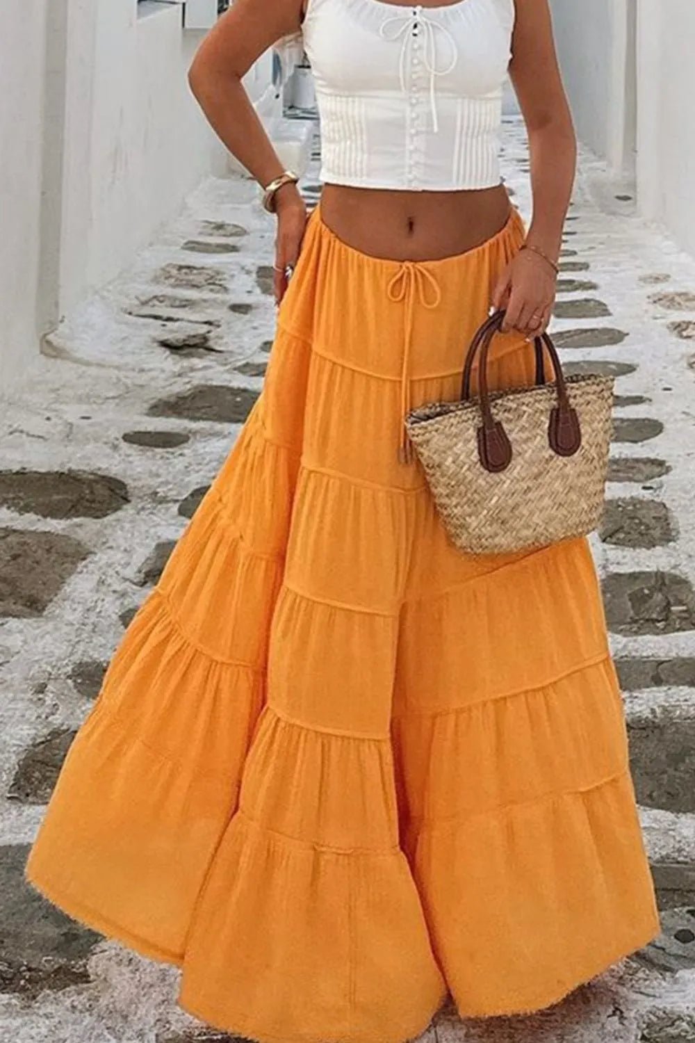 Bohemian Tiered Maxi Skirt with Drawstring Waist - Lookzlike