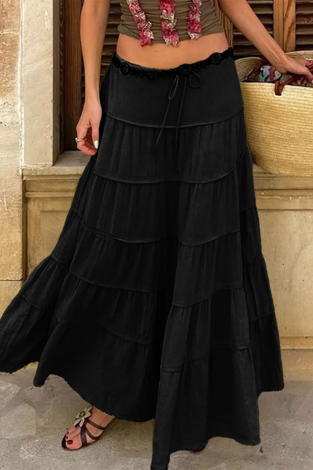 Bohemian Tiered Maxi Skirt with Drawstring Waist - Lookzlike