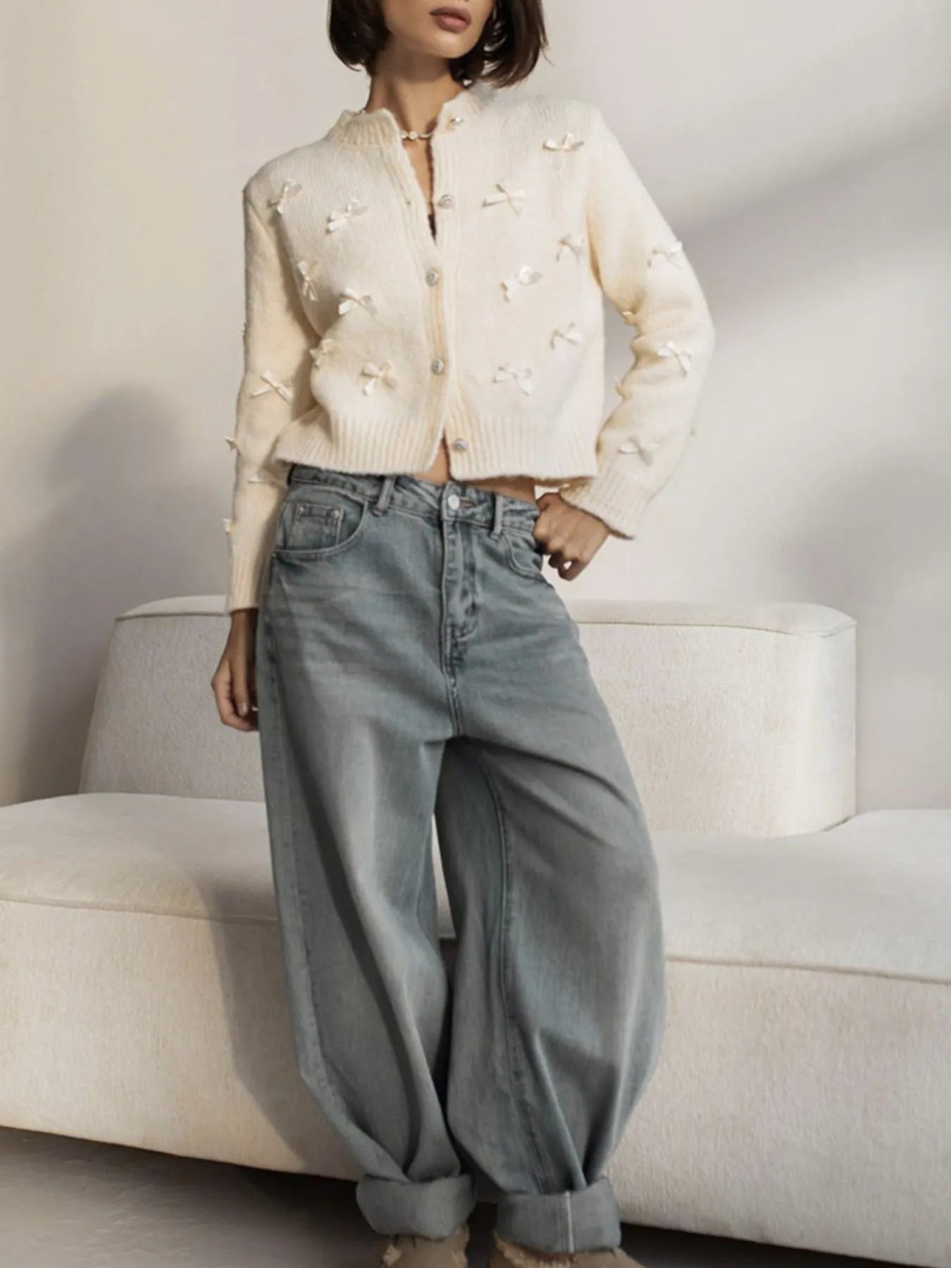 Bow Button Up Long Sleeve Cardigan - Lookzlike