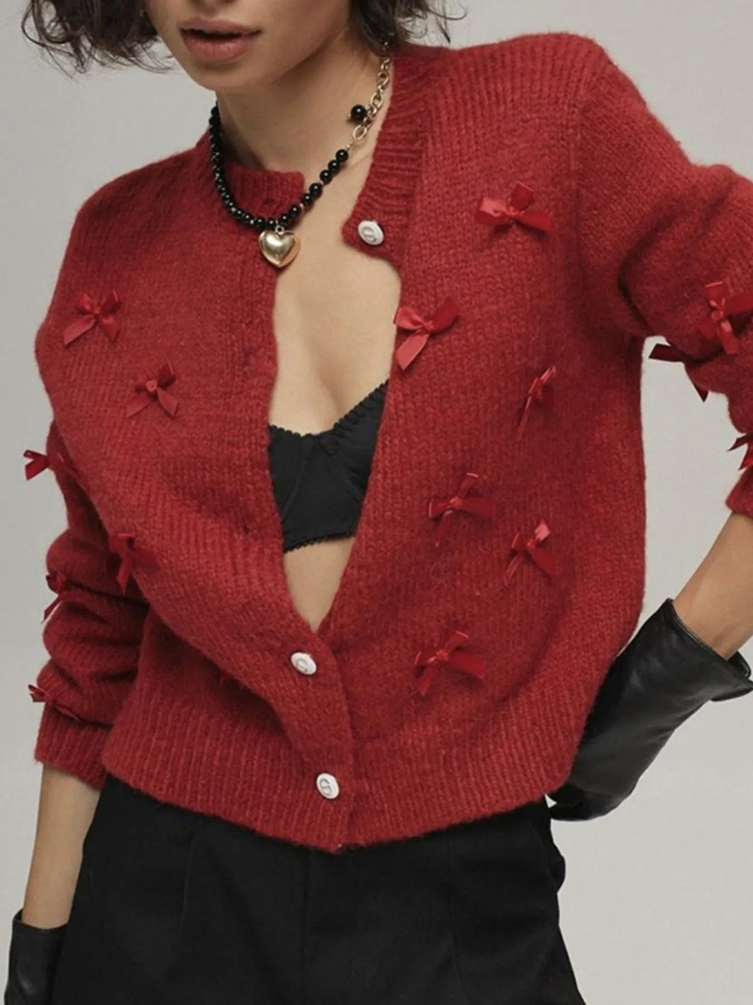 Bow Button Up Long Sleeve Cardigan - Lookzlike