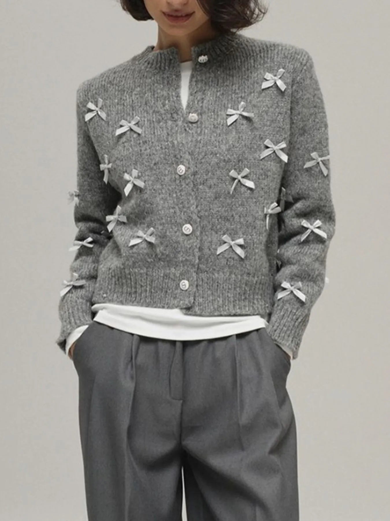 Bow Button Up Long Sleeve Cardigan - Lookzlike