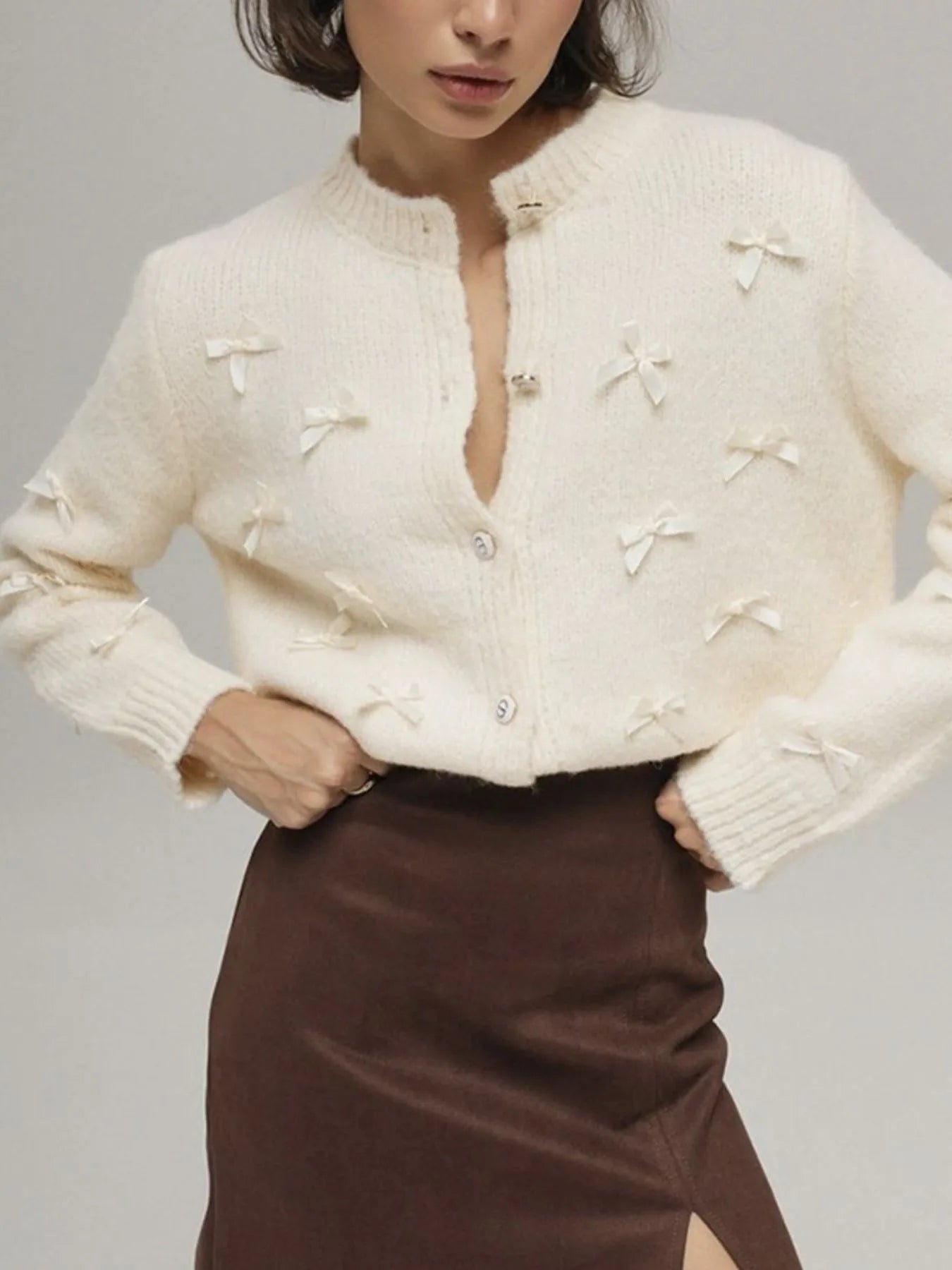 Bow Button Up Long Sleeve Cardigan - Lookzlike