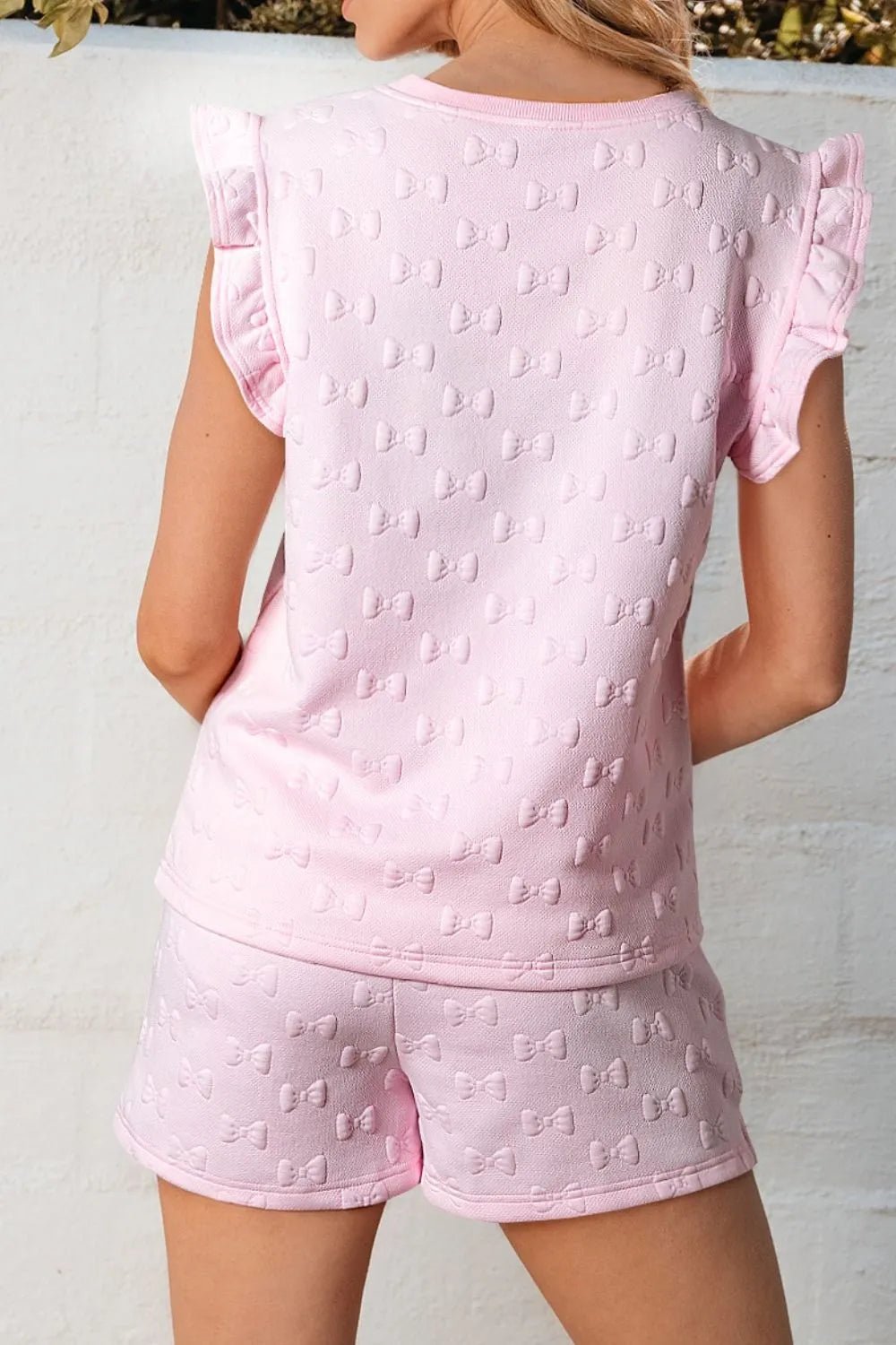 Bow Jacquard Ruffle Cap Sleeve Top and Shorts Set - Lookzlike