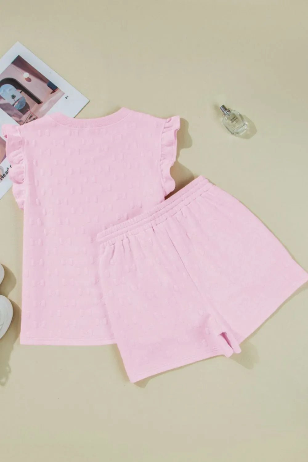 Bow Jacquard Ruffle Cap Sleeve Top and Shorts Set - Lookzlike