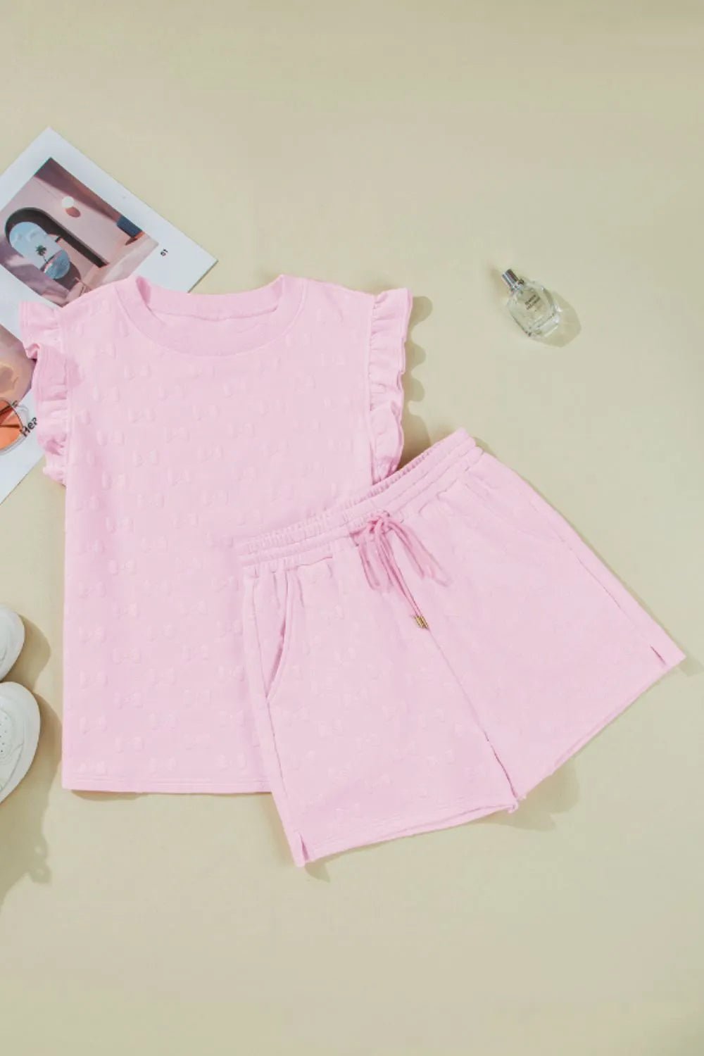 Bow Jacquard Ruffle Cap Sleeve Top and Shorts Set - Lookzlike