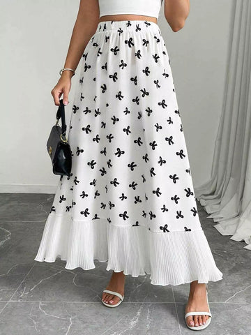 Bow Print Ruffle Hem Flowy Maxi Skirt designed for comfort and style at Lookzlike
