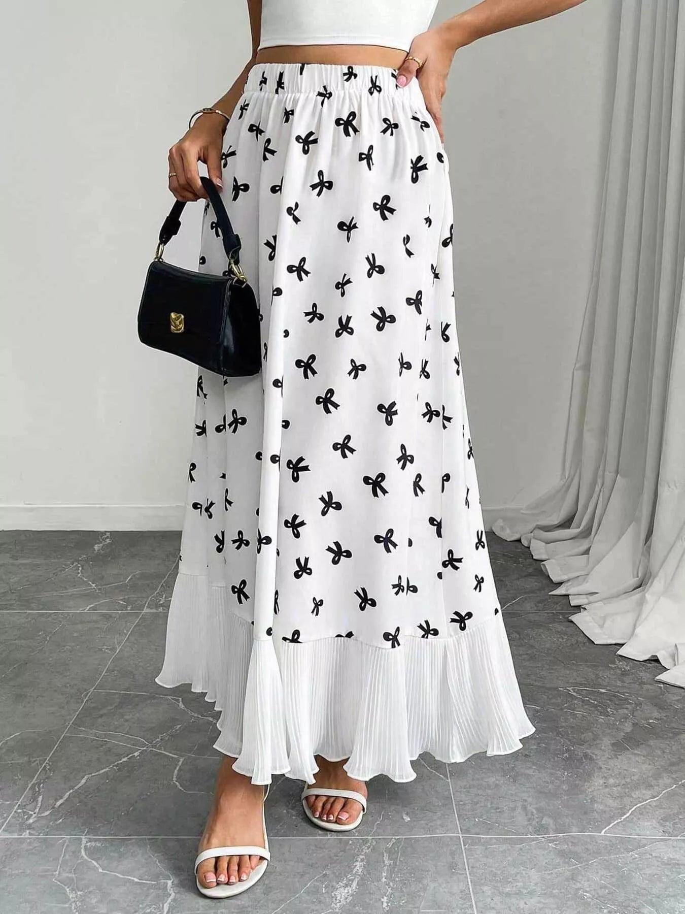 Bow Print Ruffle Hem Flowy Maxi Skirt designed for comfort and style at Lookzlike