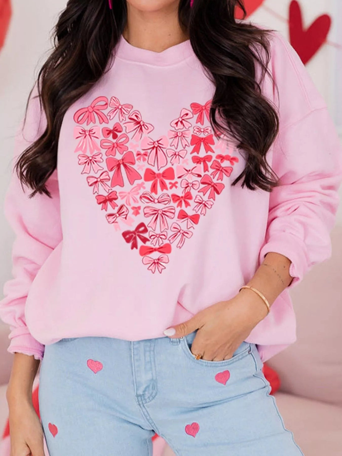 Bow Printed Big Heart Valentines Day Pullover Sweatshirt designed for comfort and style at Lookzlike
