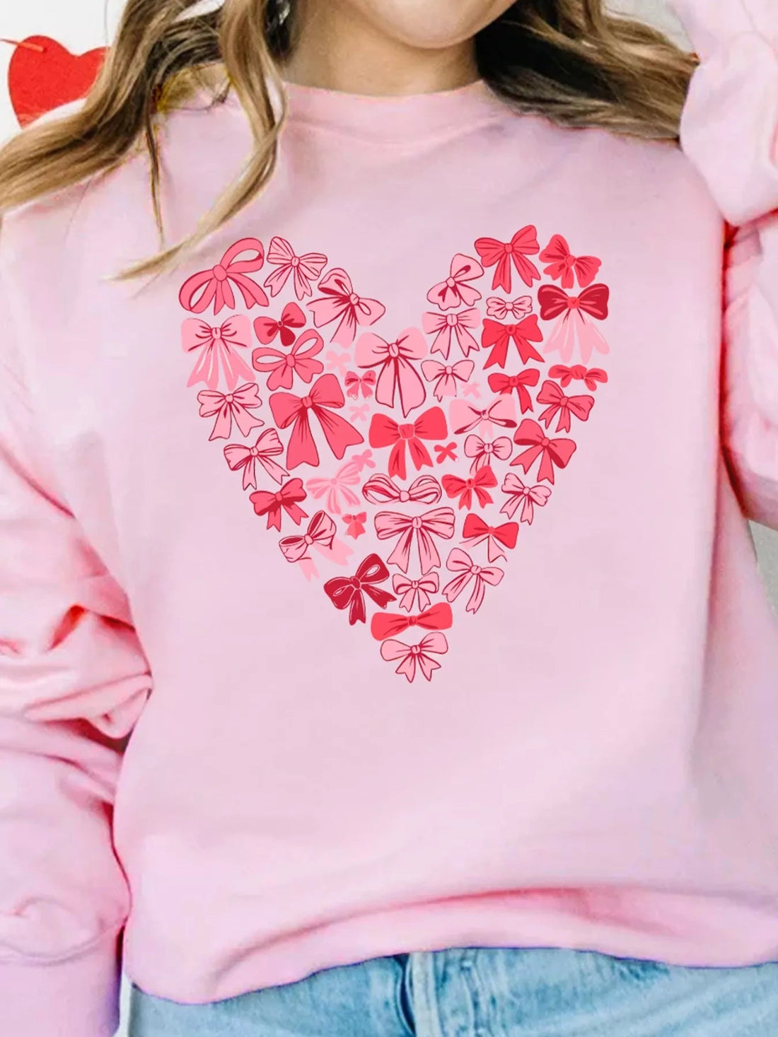 Bow Printed Big Heart Valentines Day Pullover Sweatshirt designed for comfort and style at Lookzlike