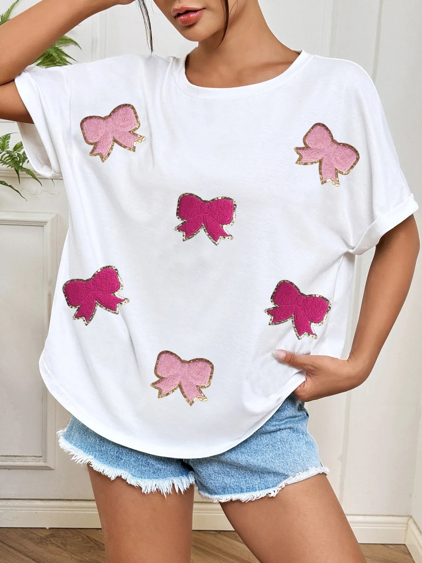 Bow Round Neck Casual T-Shirt - Lookzlike
