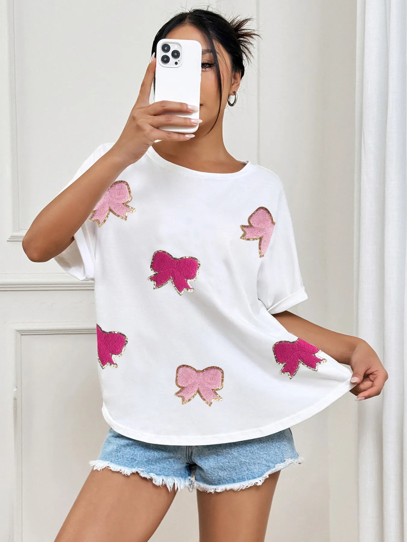 Bow Round Neck Casual T-Shirt - Lookzlike