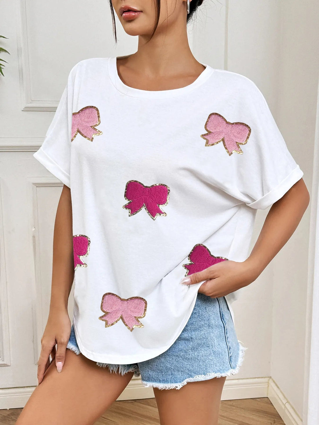 Bow Round Neck Casual T-Shirt - Lookzlike