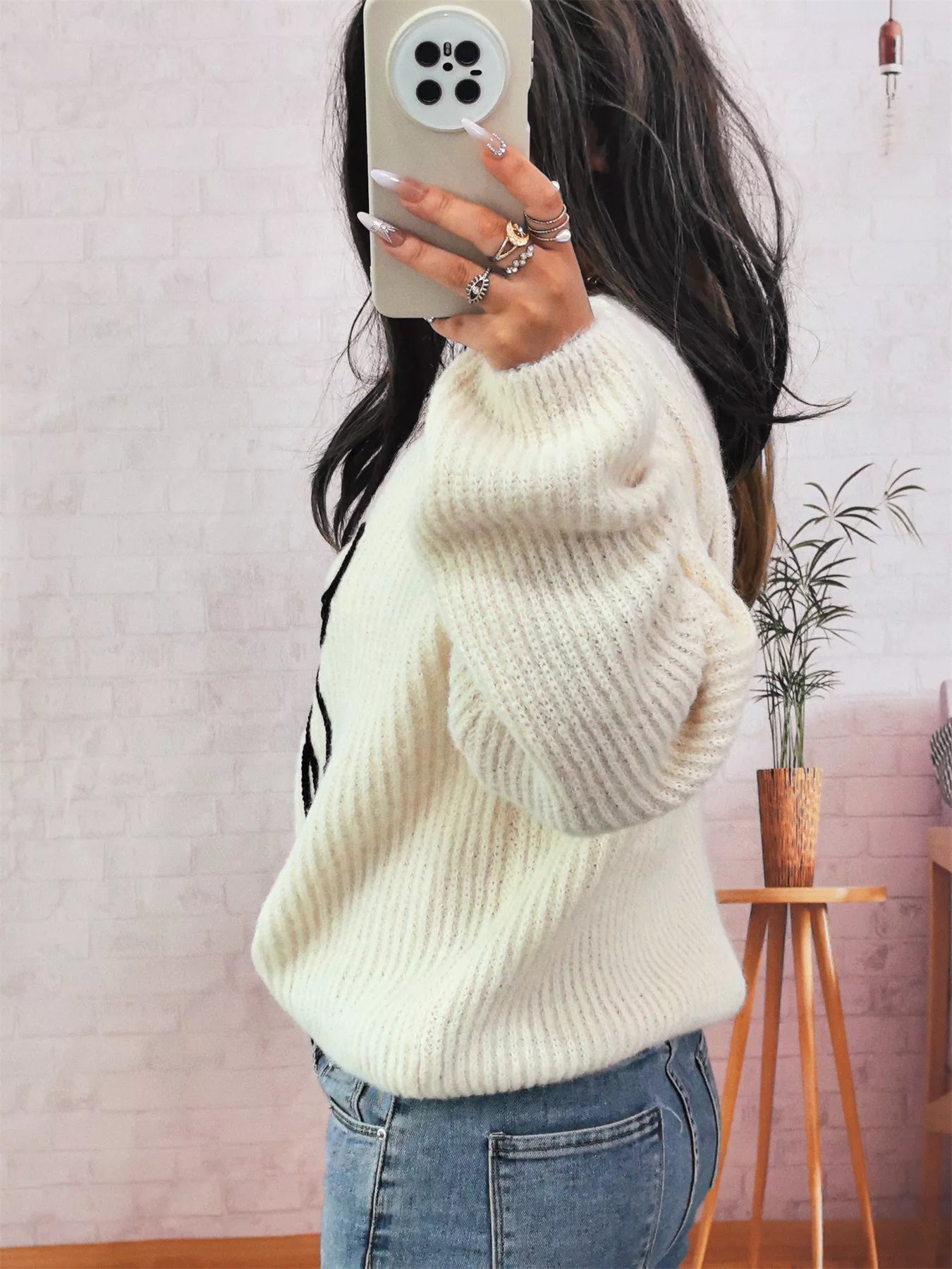 Bow Round Neck Long Sleeve Sweater designed for comfort and style at Lookzlike
