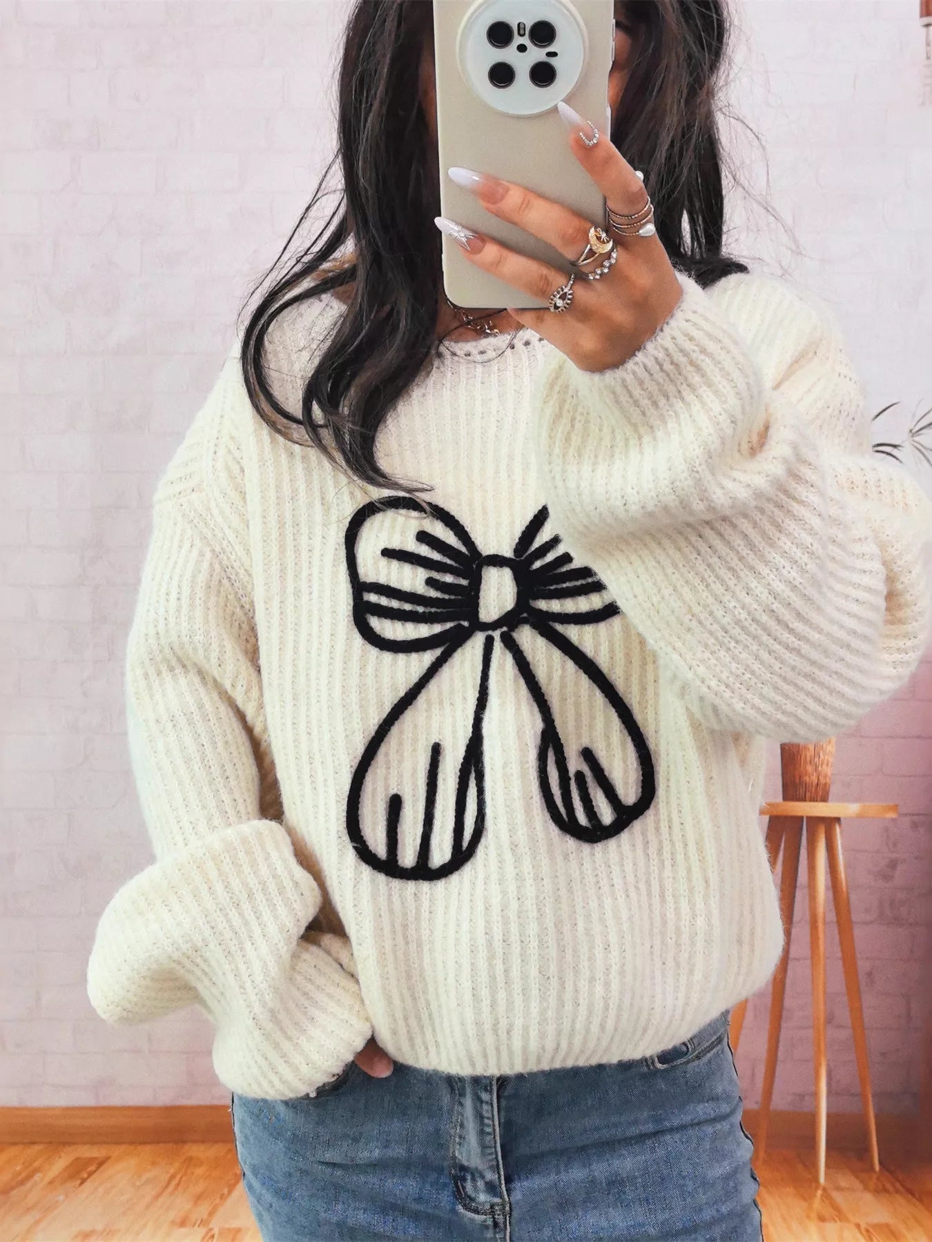 Bow Round Neck Long Sleeve Sweater designed for comfort and style at Lookzlike