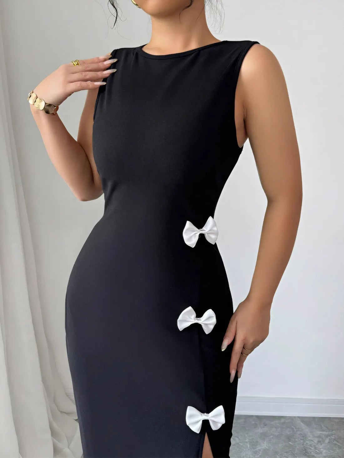 Bow Slit Round Neck Sleeveless Dress - Lookzlike