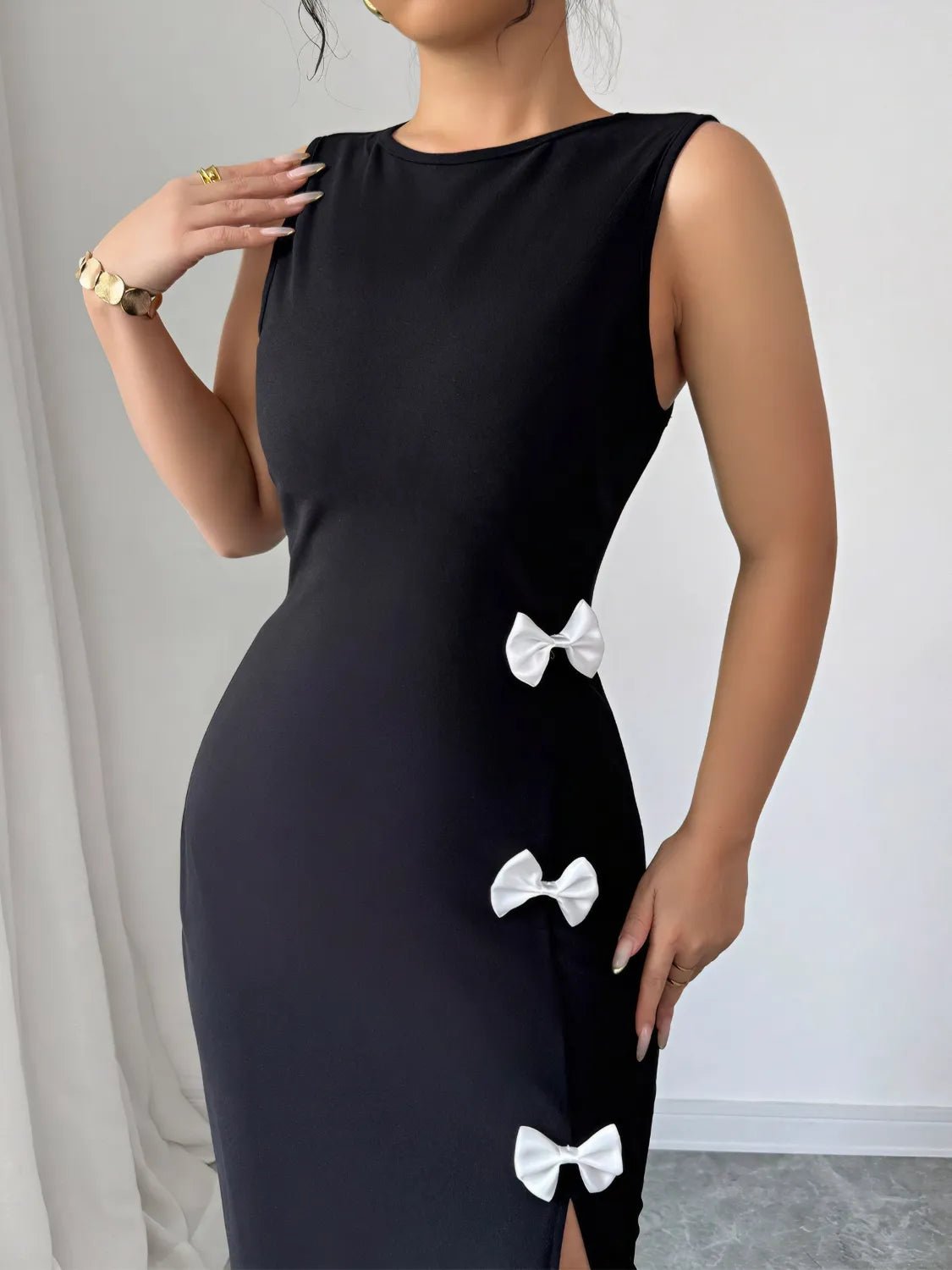 Bow Slit Round Neck Sleeveless Dress - Lookzlike