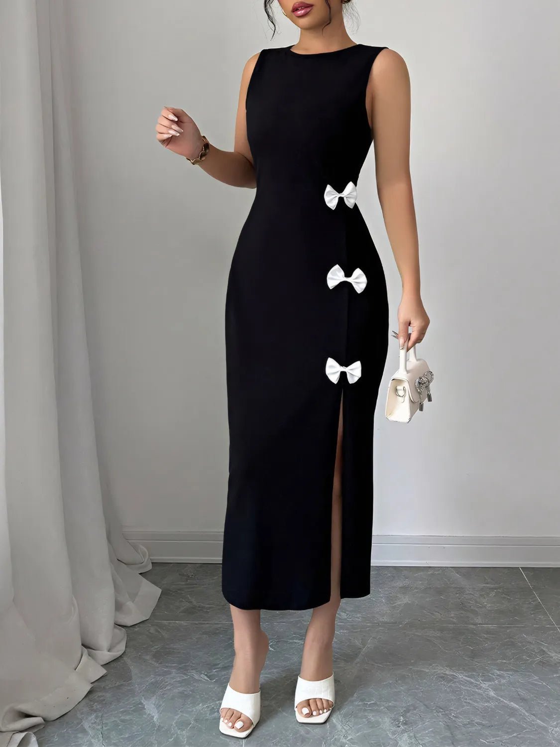 Bow Slit Round Neck Sleeveless Dress - Lookzlike
