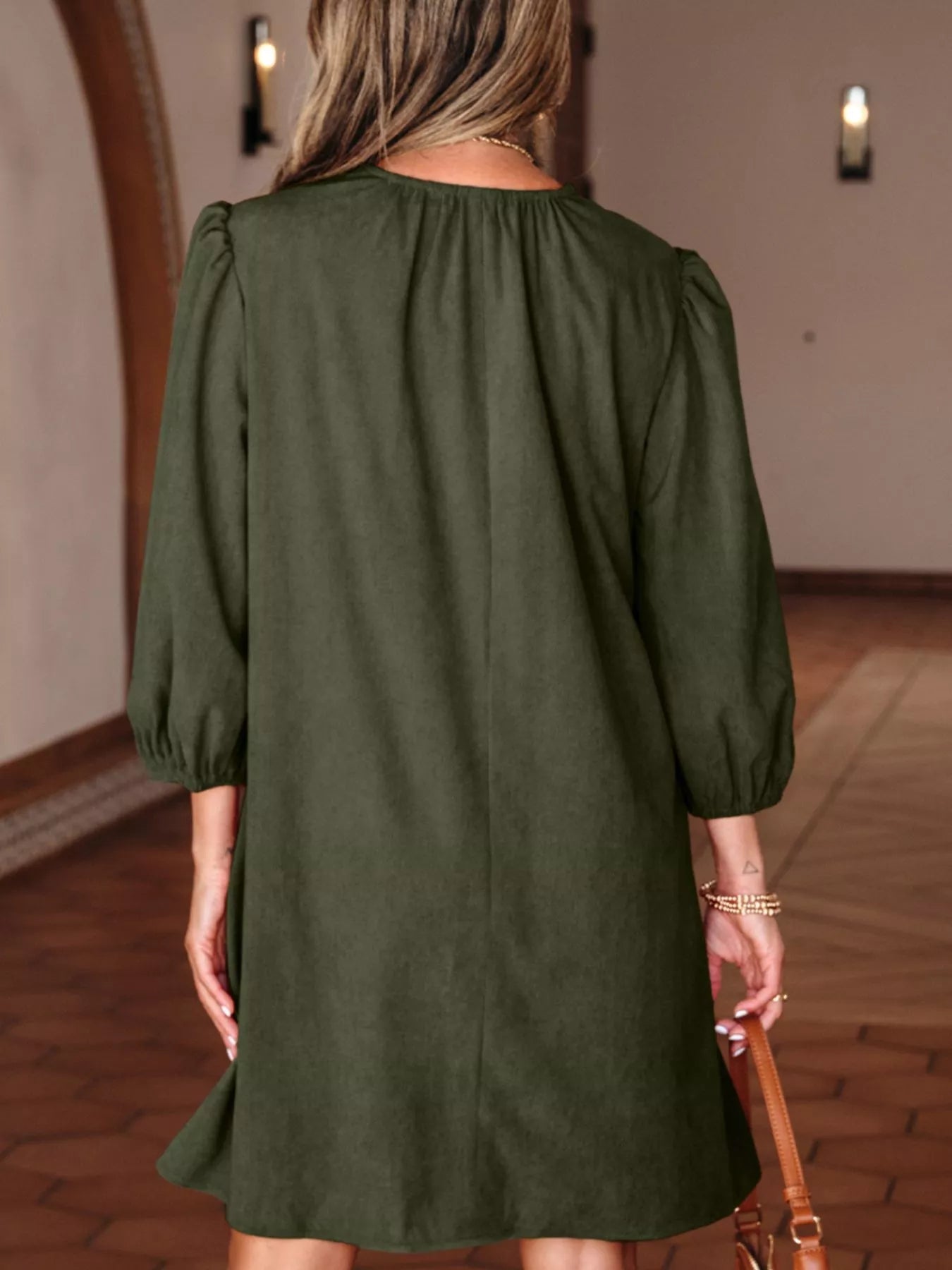 Bracelet Sleeve Split Neck Scallop Detail Pleated Corduroy Mini Dress designed for comfort and style at Lookzlike