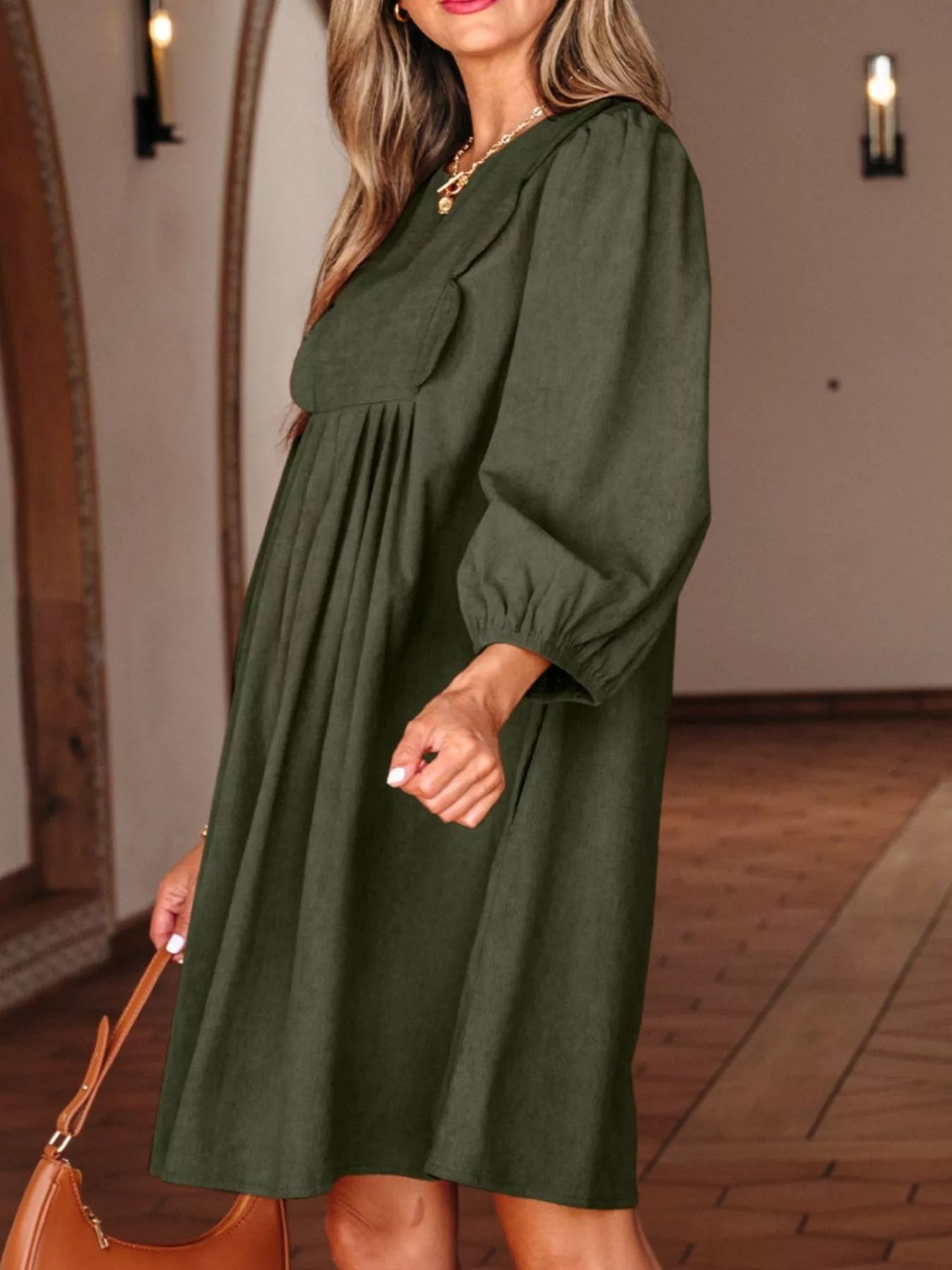 Bracelet Sleeve Split Neck Scallop Detail Pleated Corduroy Mini Dress designed for comfort and style at Lookzlike