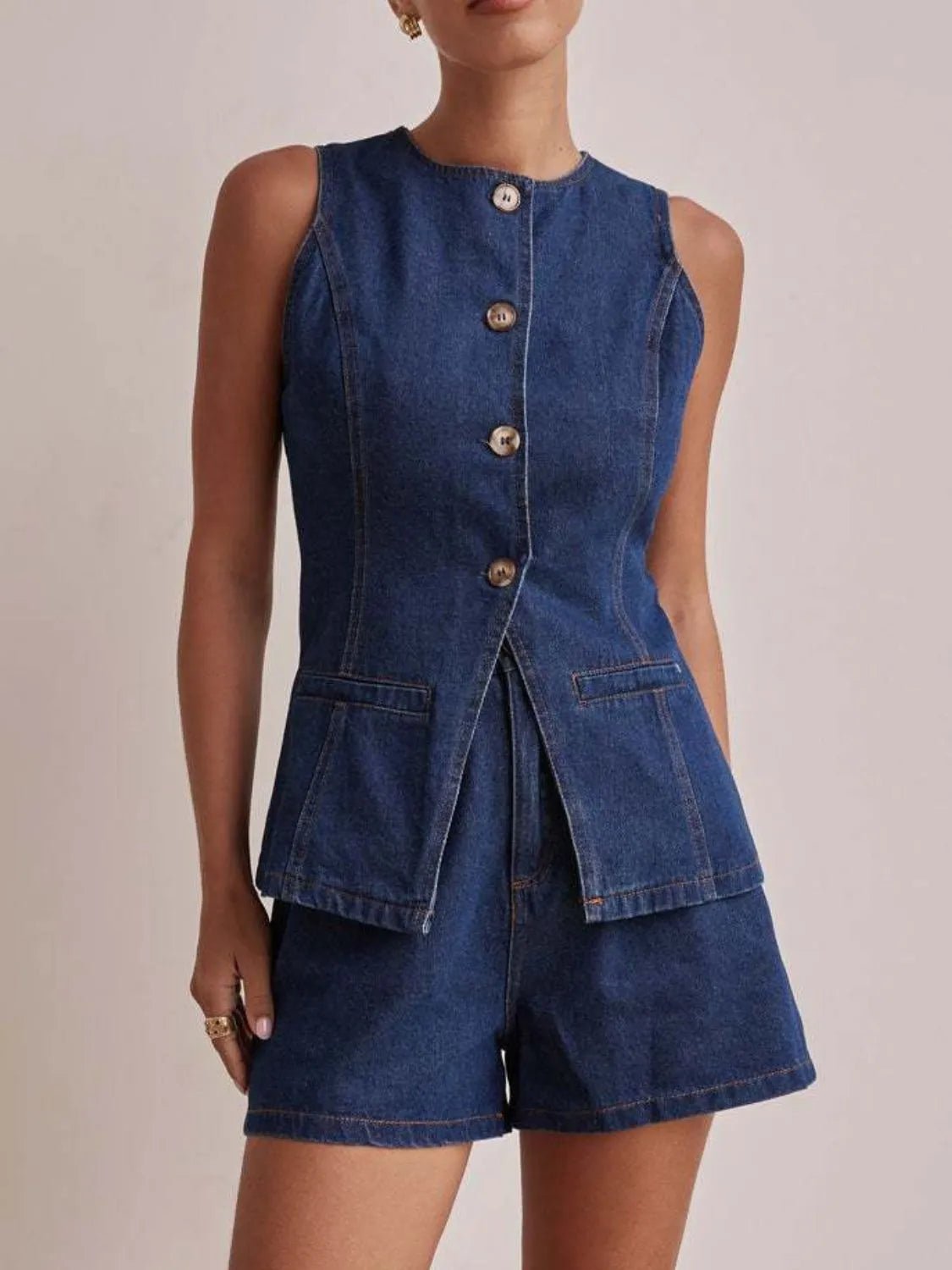 Button Down Vest and Shorts Denim Set - Lookzlike