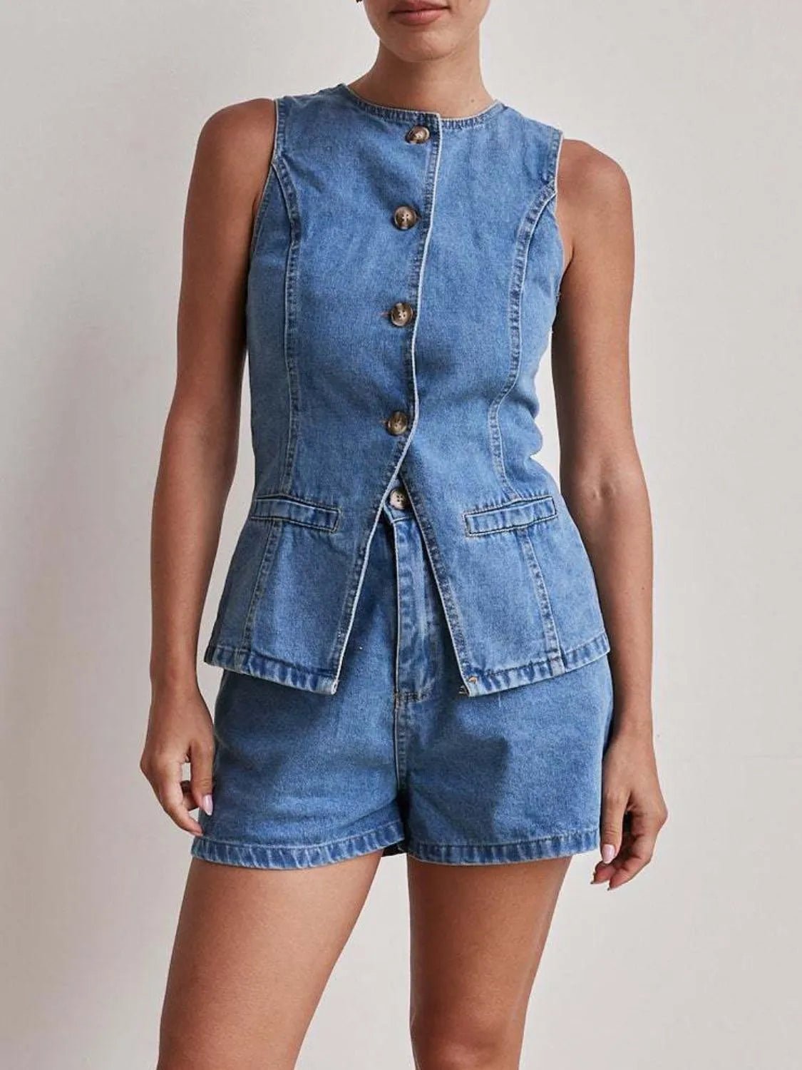 Button Down Vest and Shorts Denim Set - Lookzlike