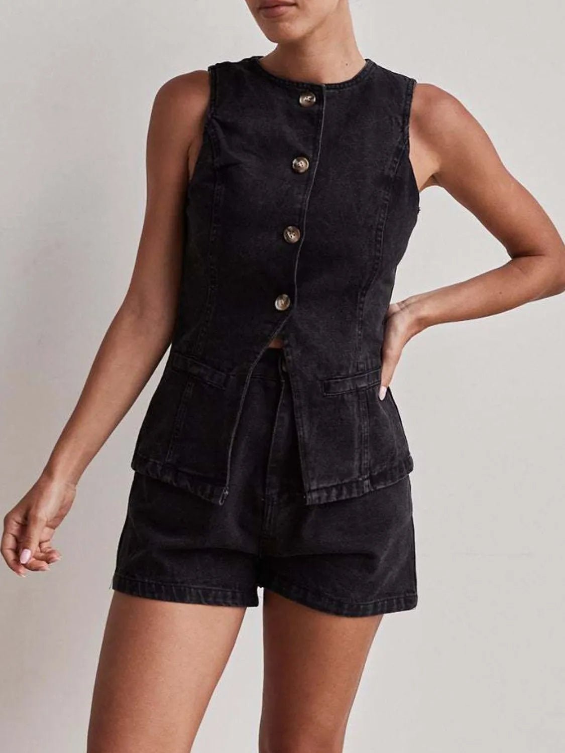 Button Down Vest and Shorts Denim Set - Lookzlike