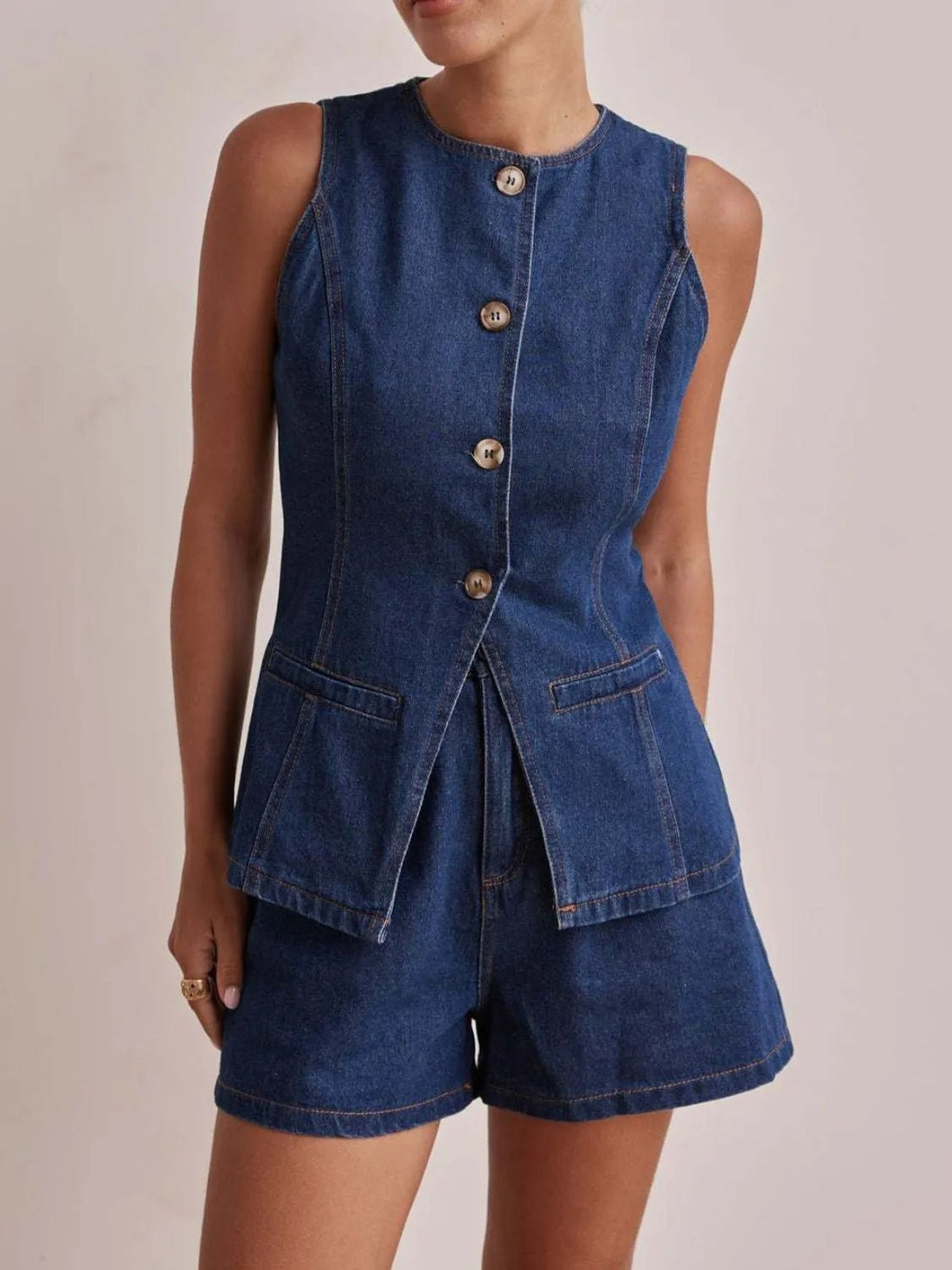 Button Down Vest and Shorts Denim Set - Lookzlike