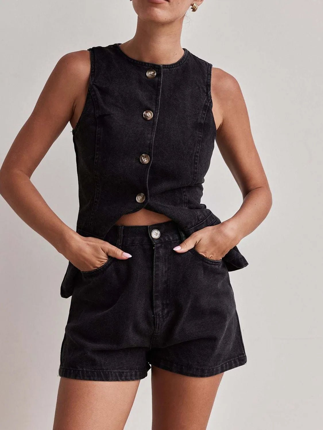 Button Down Vest and Shorts Denim Set - Lookzlike