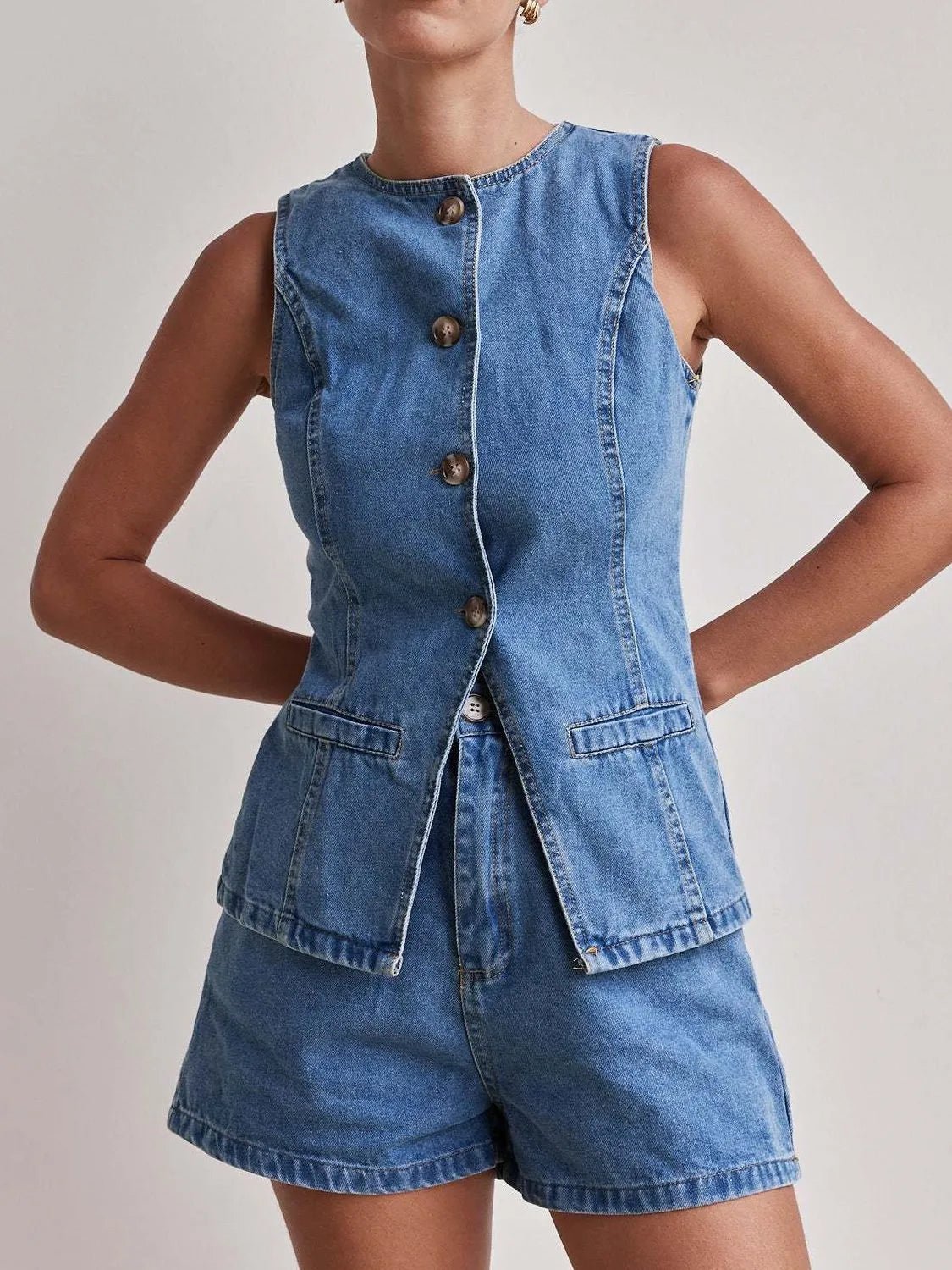 Button Down Vest and Shorts Denim Set - Lookzlike