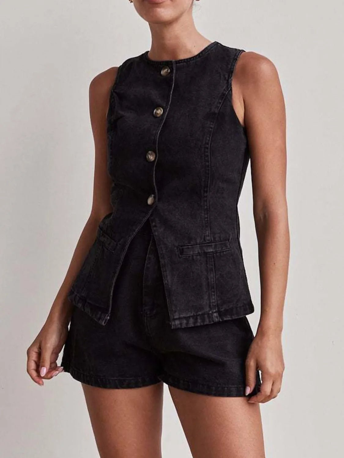 Button Down Vest and Shorts Denim Set - Lookzlike