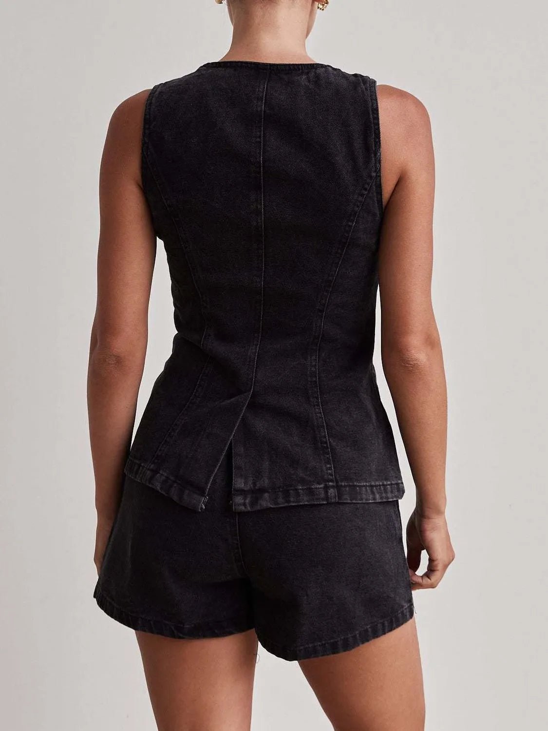 Button Down Vest and Shorts Denim Set - Lookzlike