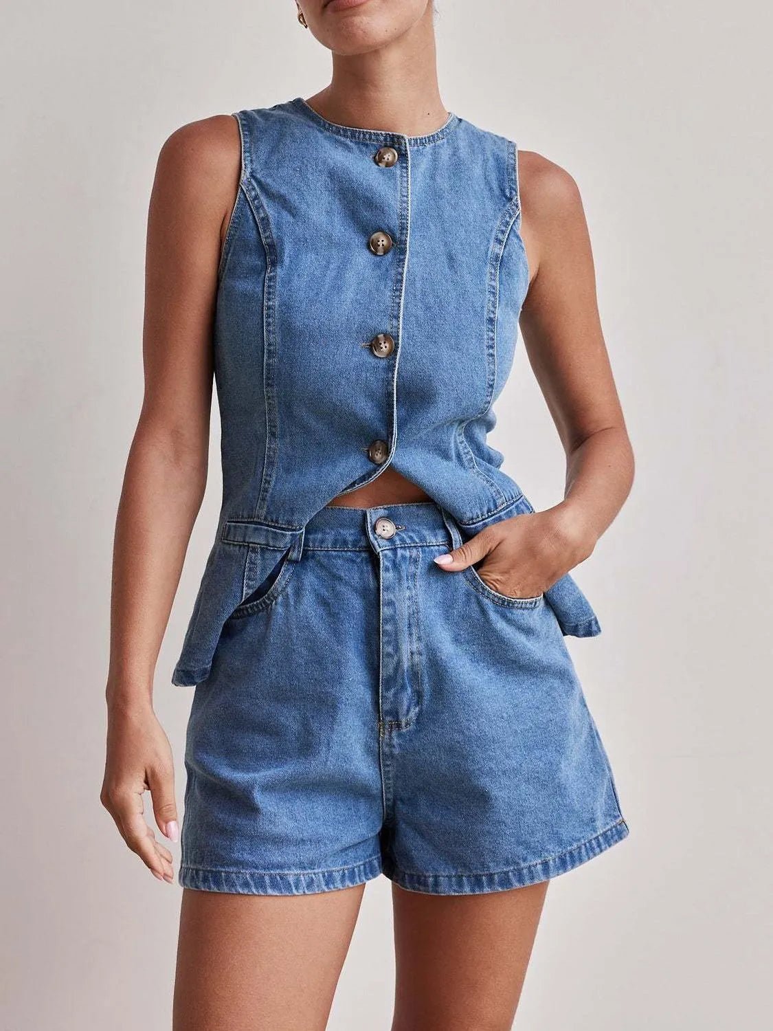Button Down Vest and Shorts Denim Set - Lookzlike