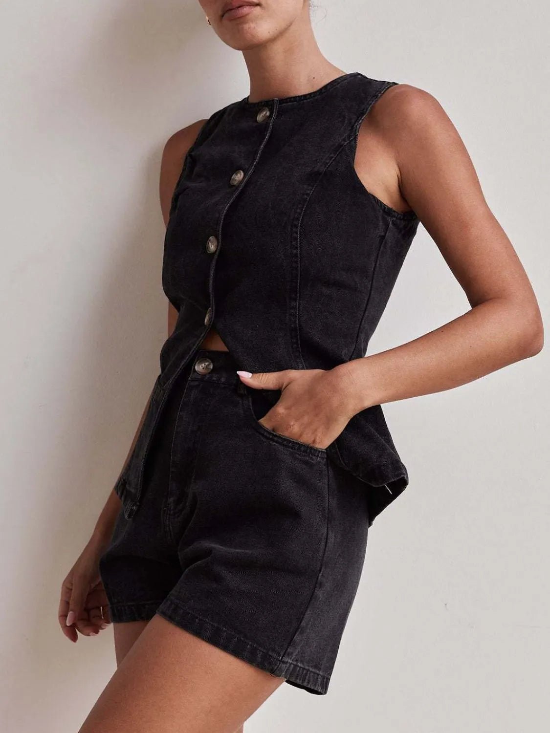 Button Down Vest and Shorts Denim Set - Lookzlike