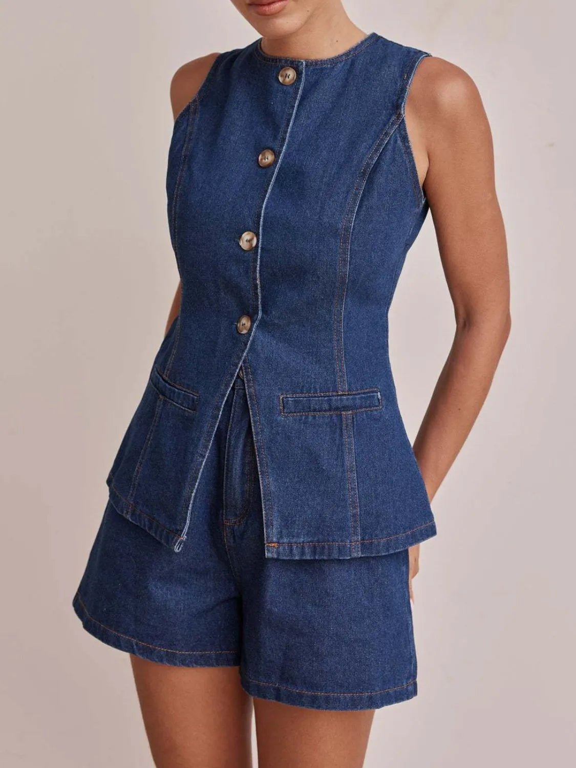 Button Down Vest and Shorts Denim Set - Lookzlike