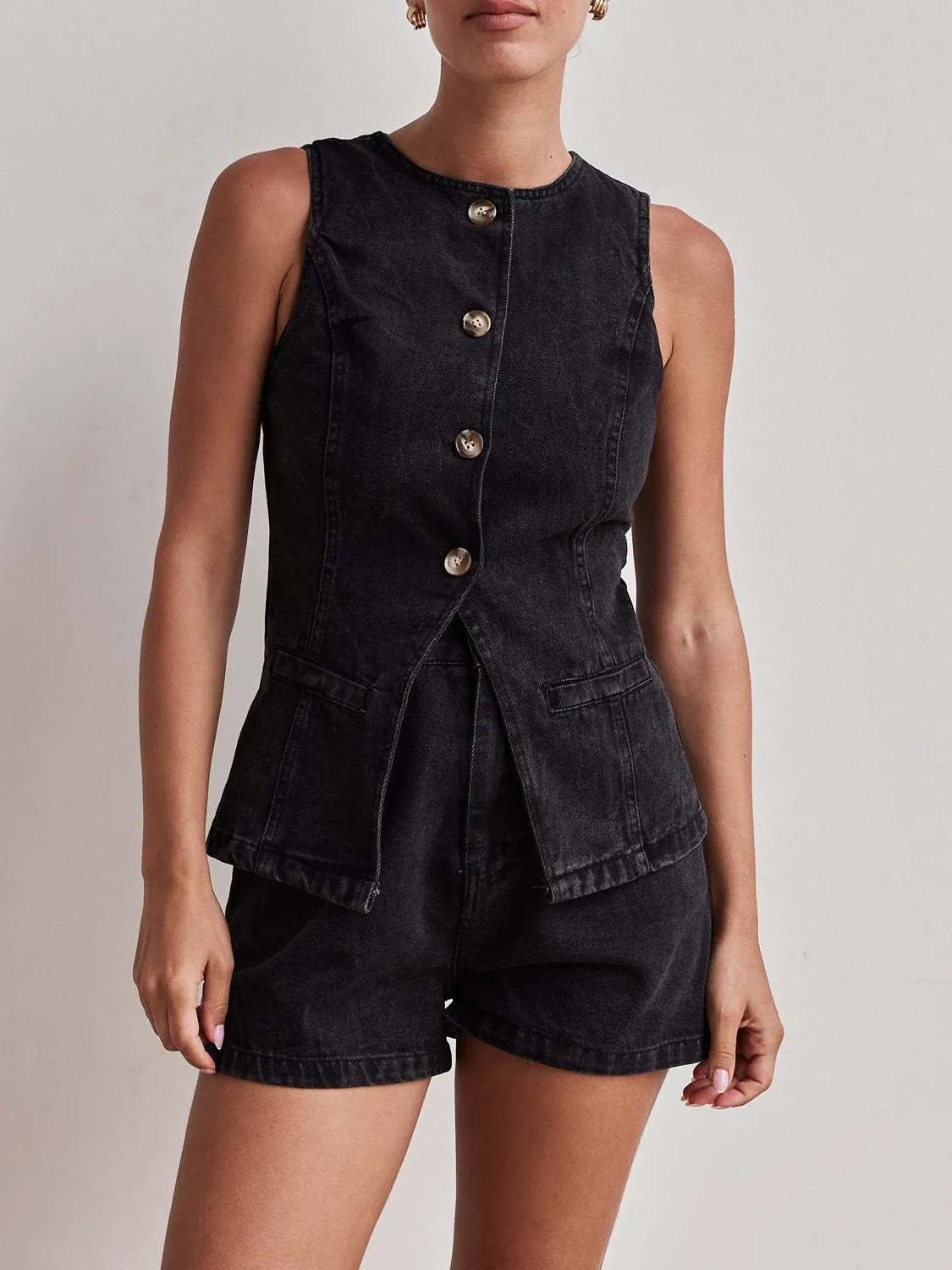 Button Down Vest and Shorts Denim Set - Lookzlike