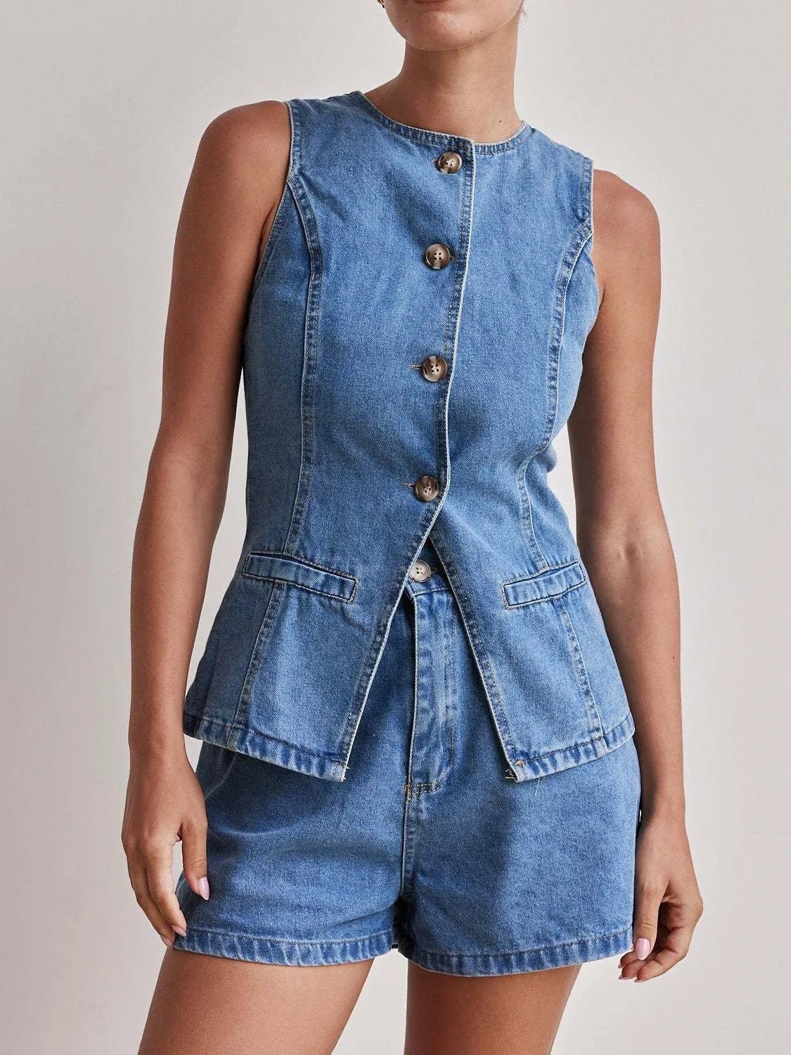 Button Down Vest and Shorts Denim Set - Lookzlike