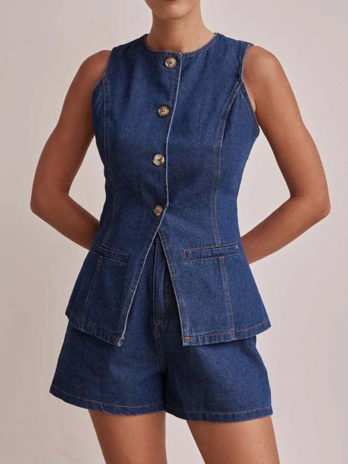 Button Down Vest and Shorts Denim Set - Lookzlike