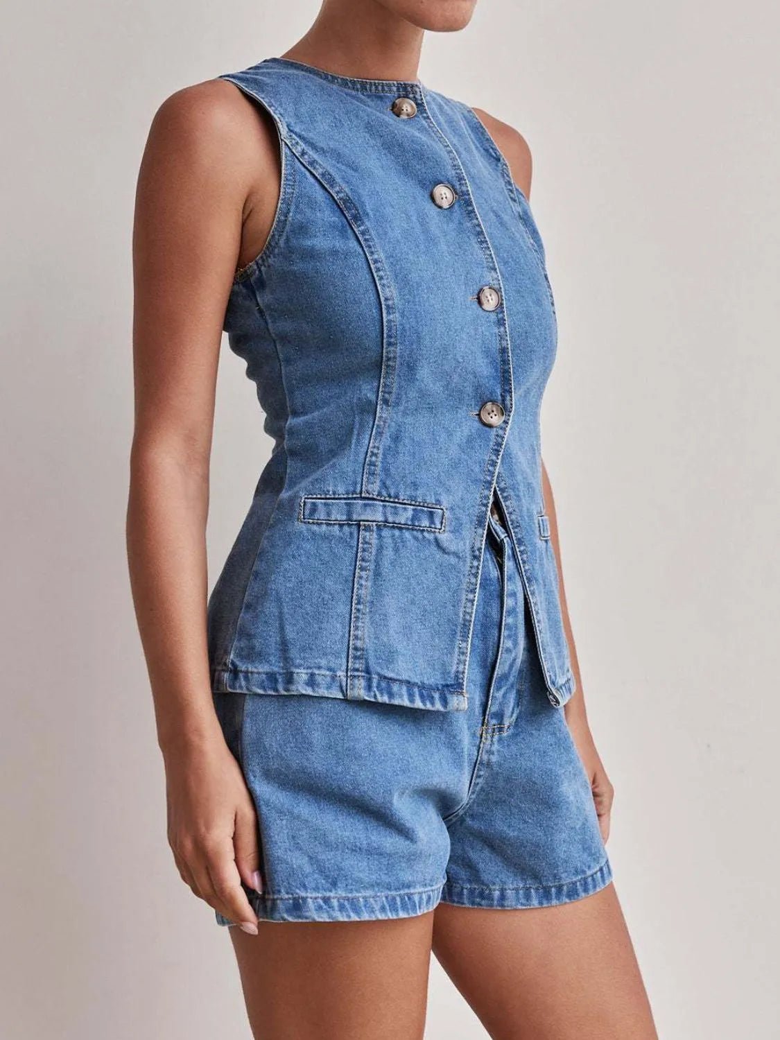 Button Down Vest and Shorts Denim Set - Lookzlike