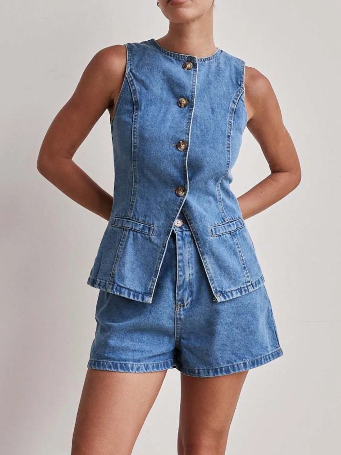 Button Down Vest and Shorts Denim Set - Lookzlike